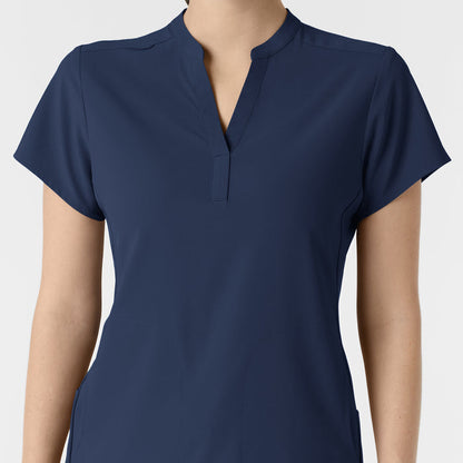RENEW Women's Mandarin Collar Scrub Top Navy front detail