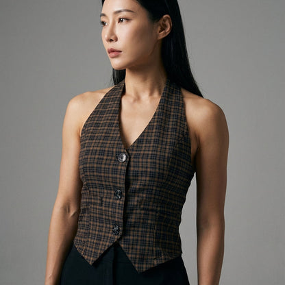 Cardigan court rétro à carreaux marron, style streetwear coréen pour femme. - Taille L