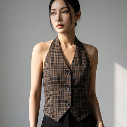 Cardigan court rétro à carreaux marron, style streetwear coréen pour femme. - Taille M