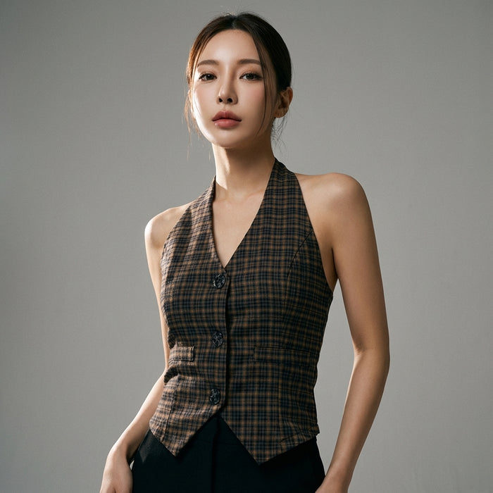 Cardigan court rétro à carreaux marron, style streetwear coréen pour femme. - Taille S