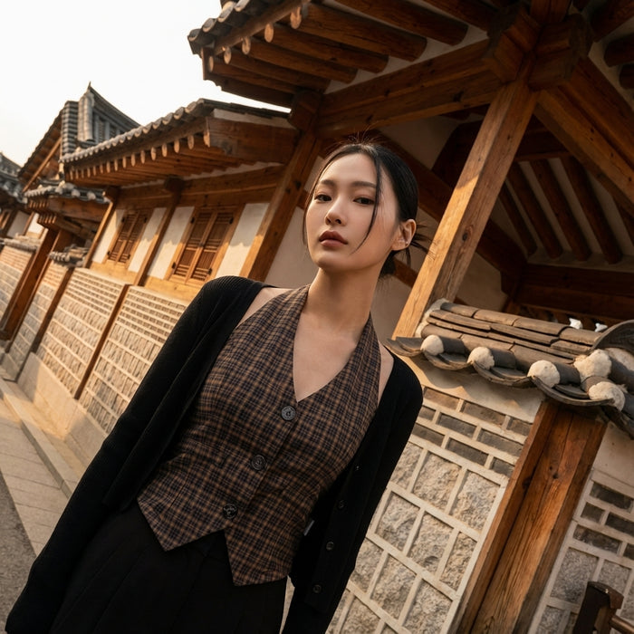 Cardigan court rétro à carreaux marron, style streetwear coréen pour femme.