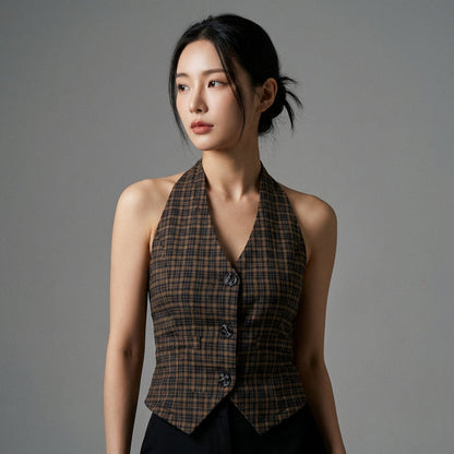 Cardigan court rétro à carreaux marron, style streetwear coréen pour femme.