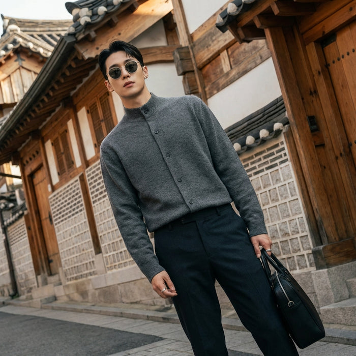 Pull col rond en laine rétro gris pour homme - Koreanxwear