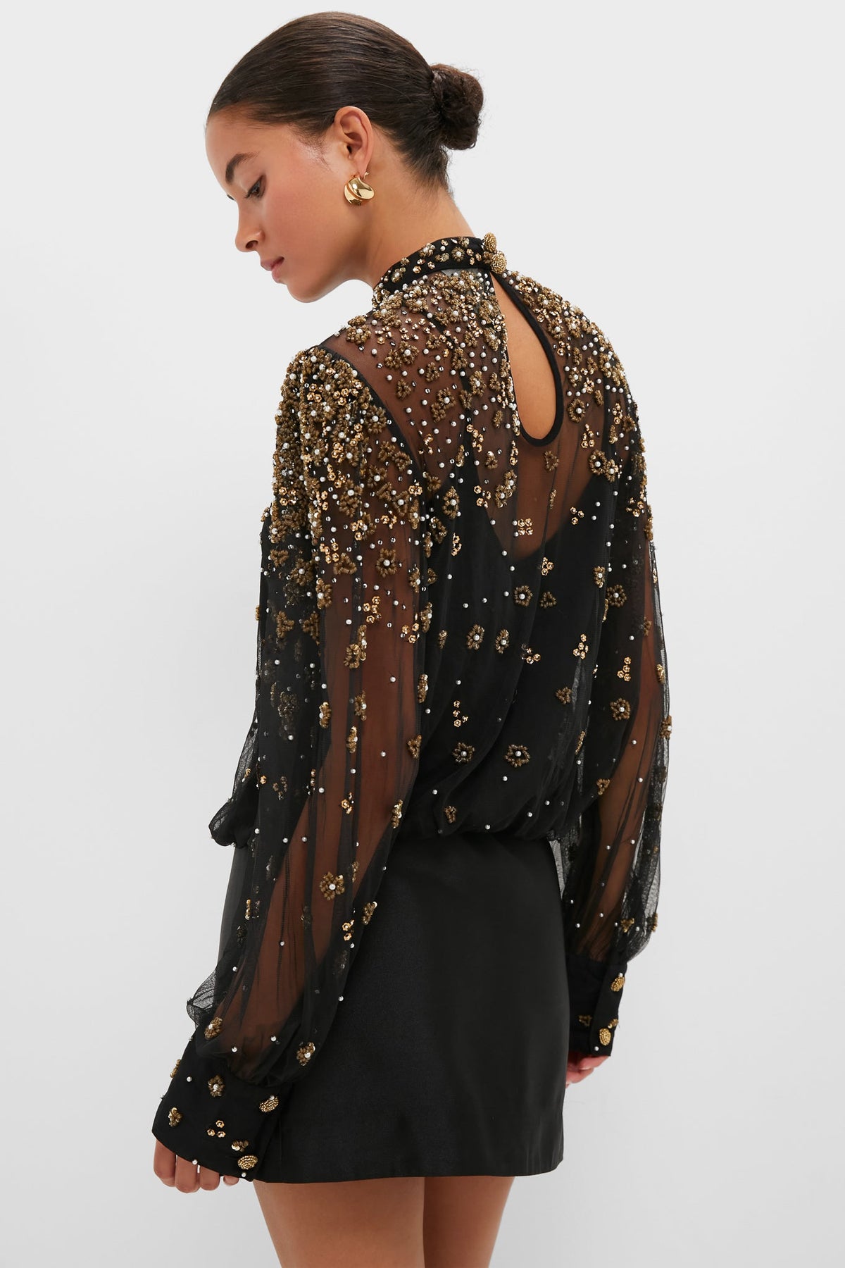 Black Embroidered Bubble Tulle Blouse