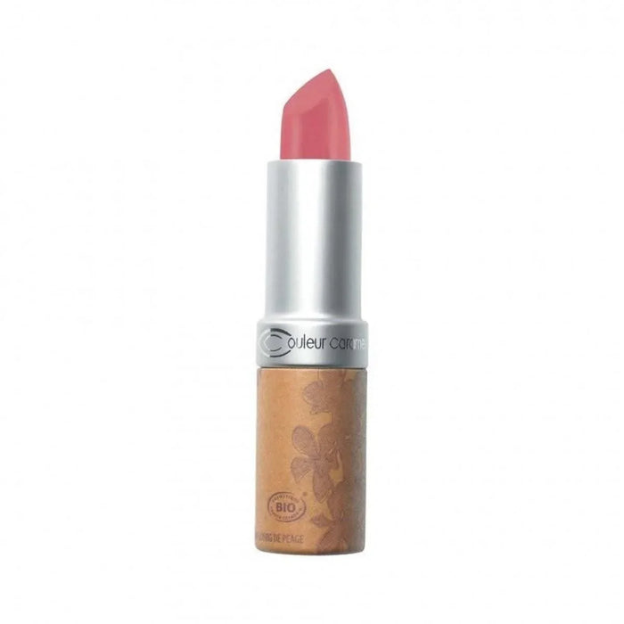 Rouge à lèvres bio Couleur Caramel N°287 Rose Bruyère – bullet rose naturel avec packaging cylindrique argenté et capuchon texturé motifs floraux gravés certifié bio