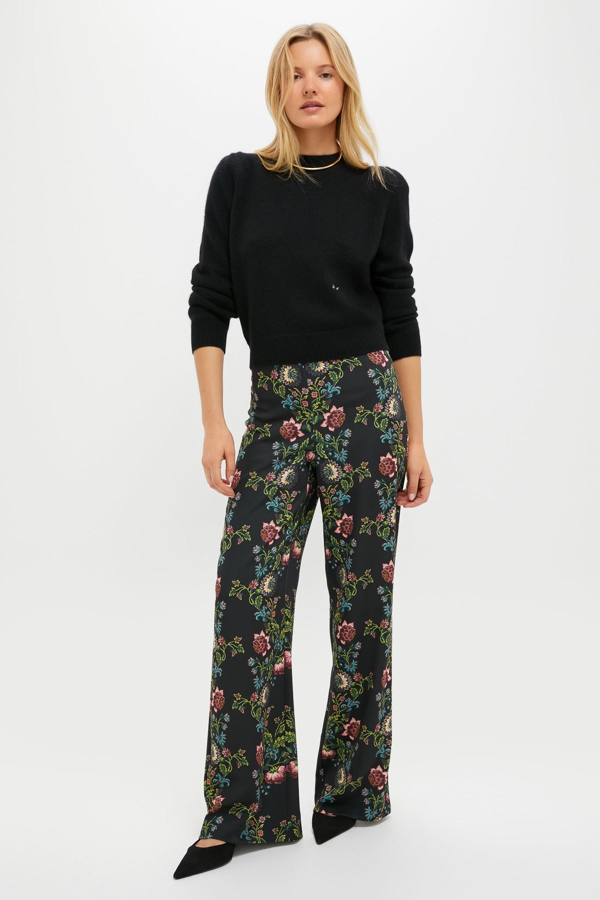 Black Cashmere Puff Sleeve Macy Crewneck Sweater