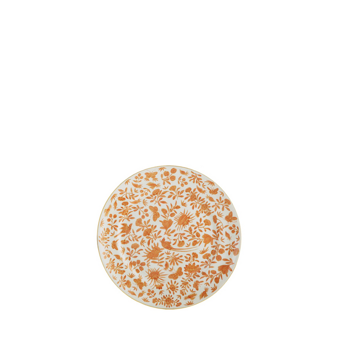 Round white bread and butter plate with intricate orange bird and butterfly floral pattern.