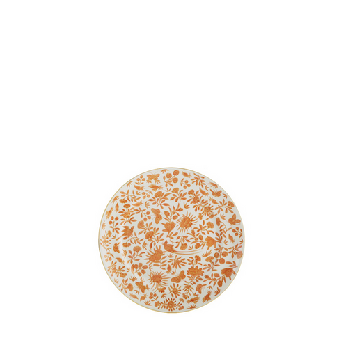 Round white bread and butter plate with intricate orange bird and butterfly floral pattern.