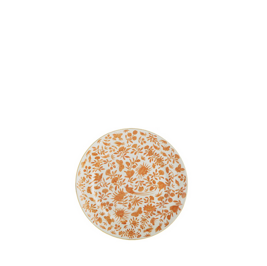 Round white bread and butter plate with intricate orange bird and butterfly floral pattern.