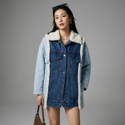 Veste en jean femme avec col imitation mouton, style K-fashion décontracté. Couleur contrastée, coupe ample. - Taille S
