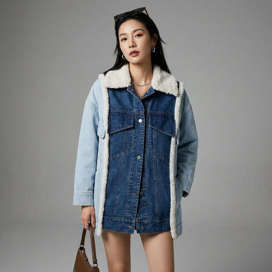 Veste en jean femme avec col imitation mouton, style K-fashion décontracté. Couleur contrastée, coupe ample. - Taille S