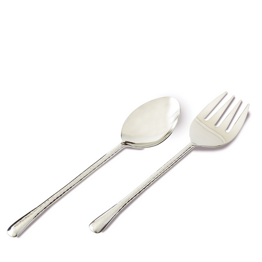 Polished silver salad server set with a spoon and fork featuring simple, elegant handles.