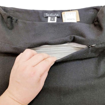 Skirt - Jet Black Fitted Knee Length Pencil Skirt (Size L Last One!) by Texture Clothing