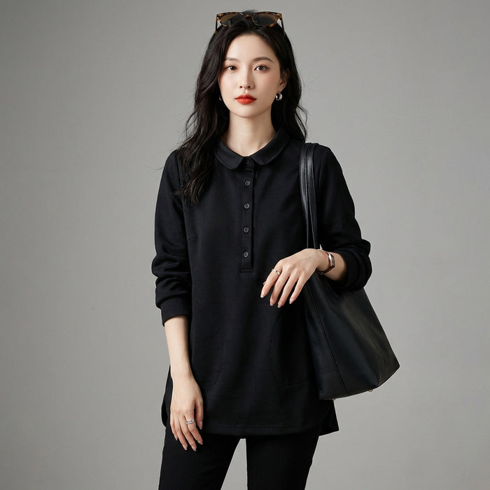 Chemise ample noire à fente, manches longues, style streetwear coréen pour femmes - Taille Plus Size L