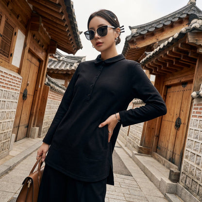 Chemise ample noire à fente, manches longues, style streetwear coréen pour femmes