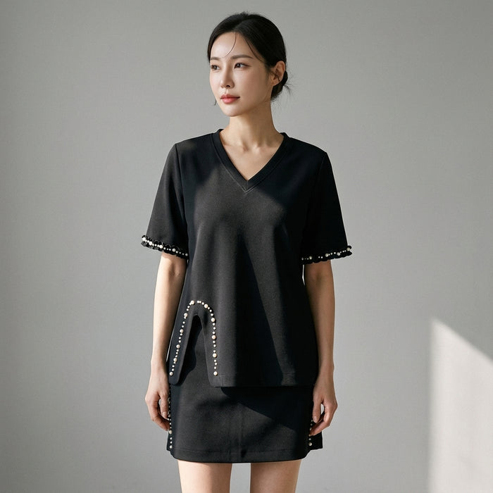 Ensemble t-shirt col V épaulettes et jupe courte unie - Koreanxwear - Taille L