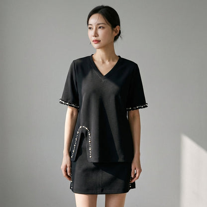 Ensemble t-shirt col V épaulettes et jupe courte unie - Koreanxwear - Taille L