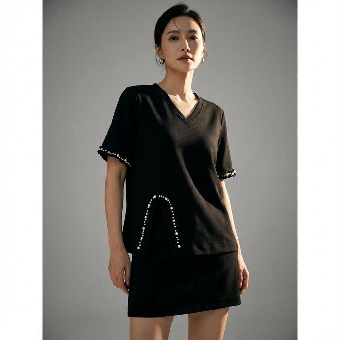 Ensemble t-shirt col V épaulettes et jupe courte unie - Koreanxwear - Taille M