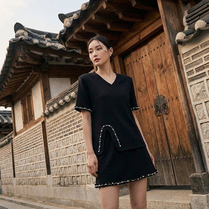 Ensemble t-shirt col V épaulettes et jupe courte unie - Koreanxwear