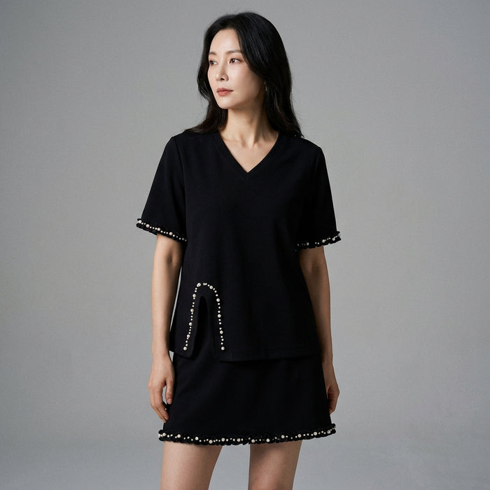Ensemble t-shirt col V épaulettes et jupe courte unie - Koreanxwear
