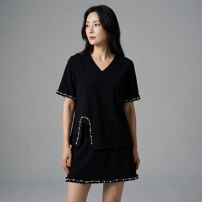 Ensemble t-shirt col V épaulettes et jupe courte unie - Koreanxwear