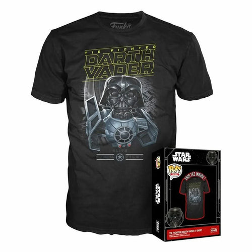 T-shirt noir avec une impression de Dark Vador de Star Wars, accompagné d'une boîte d'emballage Funko Pop. L'image montre le design graphique du personnage en détail sur le devant du t-shirt.