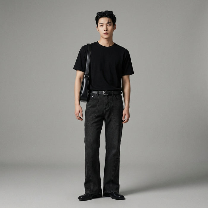 Jean droit noir avec détails couture - K-fashion unisexe - Koreanxwear - Taille S