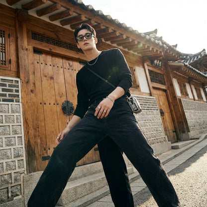 Jean droit noir avec détails couture - K-fashion unisexe - Koreanxwear