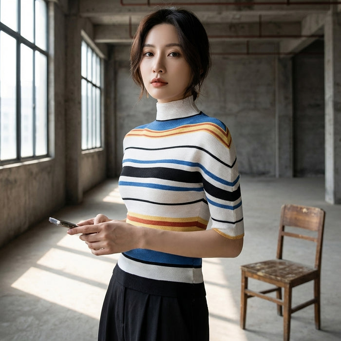 T-shirt rayé bleu et blanc à col montant pour femme - Koreanxwear