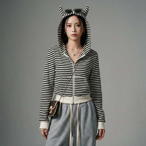 Veste sweat à capuche rayée noire pour femme - Koreanxwear - Taille S