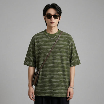 T-shirt rayé oversize unisexe vert et gris - K-fashion - Taille M