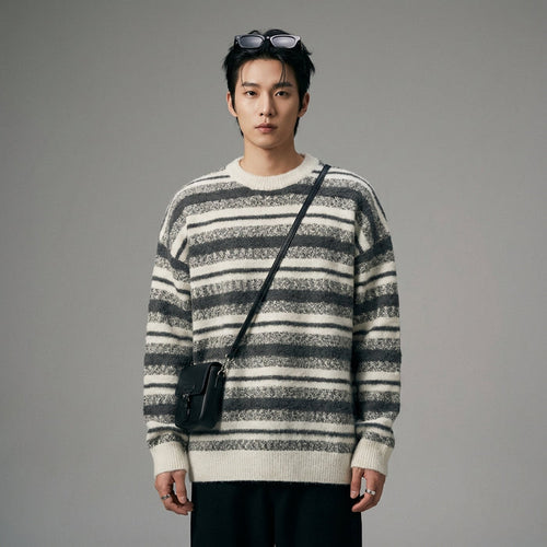 Pull oversize rayé gris pour homme - Style streetwear K-fashion - Taille M