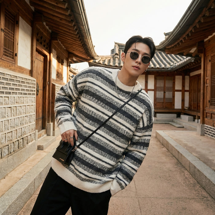 Pull oversize rayé gris pour homme - Style streetwear K-fashion
