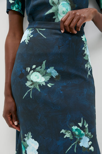 Abstract Rose Navy Fluted Midi Skirt