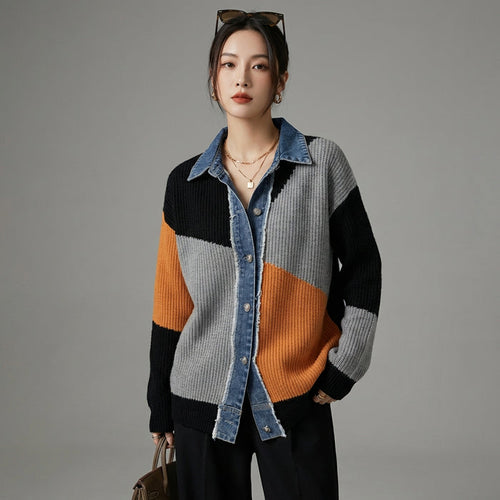 Cardigan asymétrique bicolore col rabattu - Koreanxwear - Taille One Size