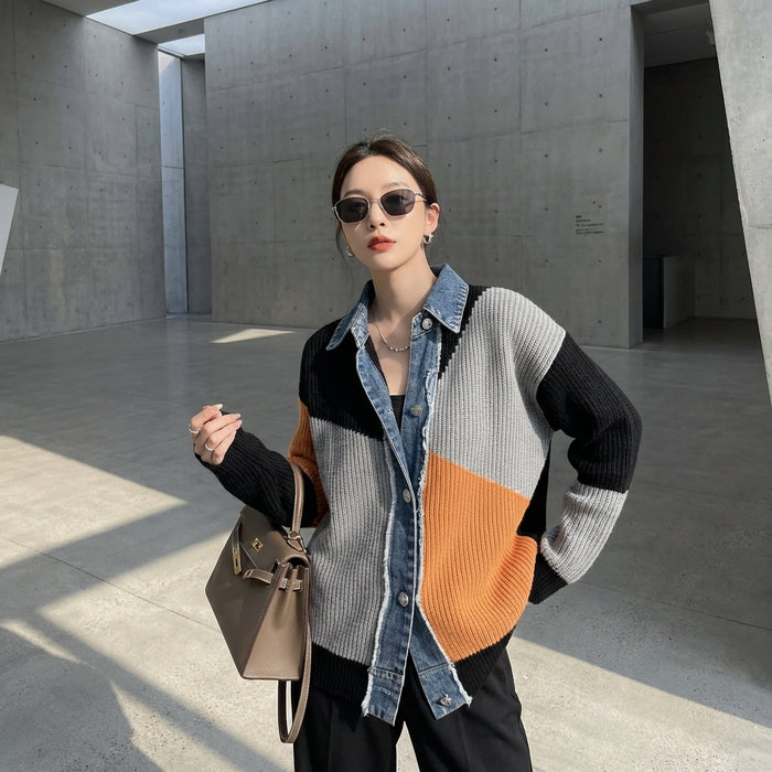 Cardigan asymétrique bicolore col rabattu - Koreanxwear