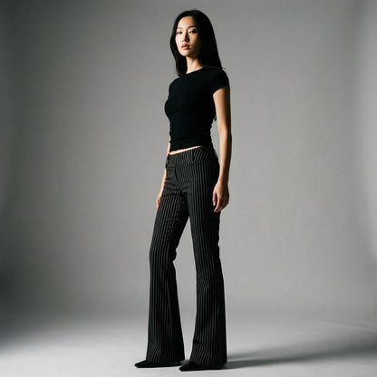 Pantalon évasé streetwear bicolore noir femme - K-fashion Koreanxwear - Taille S