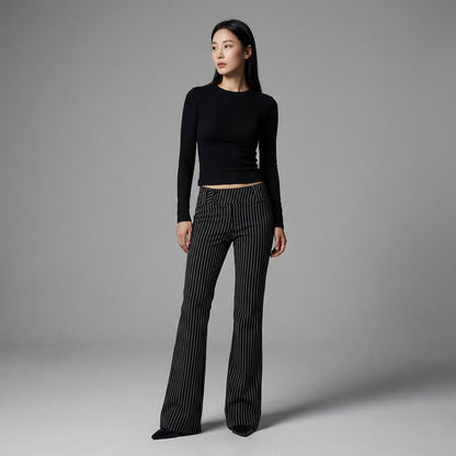 Pantalon évasé streetwear bicolore noir femme - K-fashion Koreanxwear