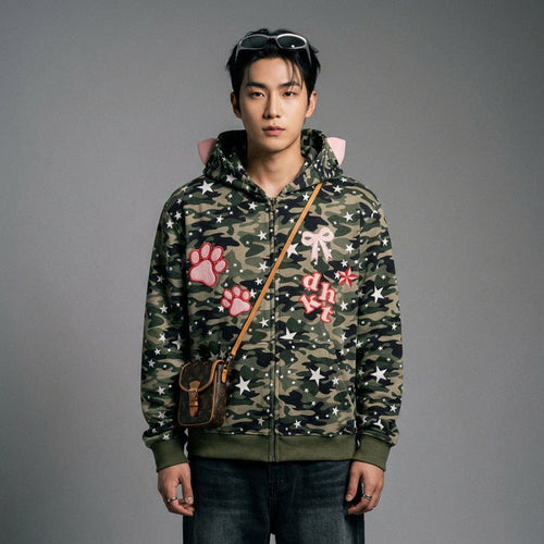 Cardigan camouflage unisexe brodé étoile - Veste streetwear Koreanxwear - Taille S