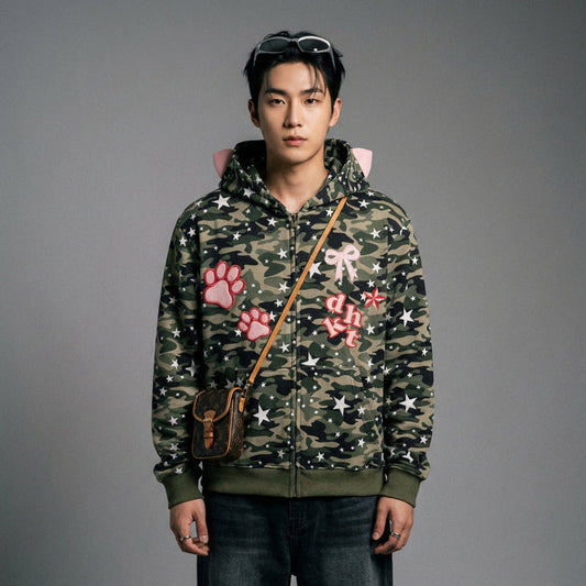 Cardigan camouflage unisexe brodé étoile - Veste streetwear Koreanxwear - Taille S