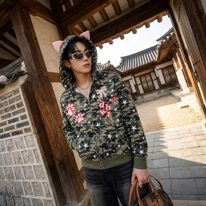 Cardigan camouflage unisexe brodé étoile - Veste streetwear Koreanxwear