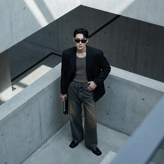 Jean droit délavé vintage bleu pour look streetwear K-fashion - Koreanxwear