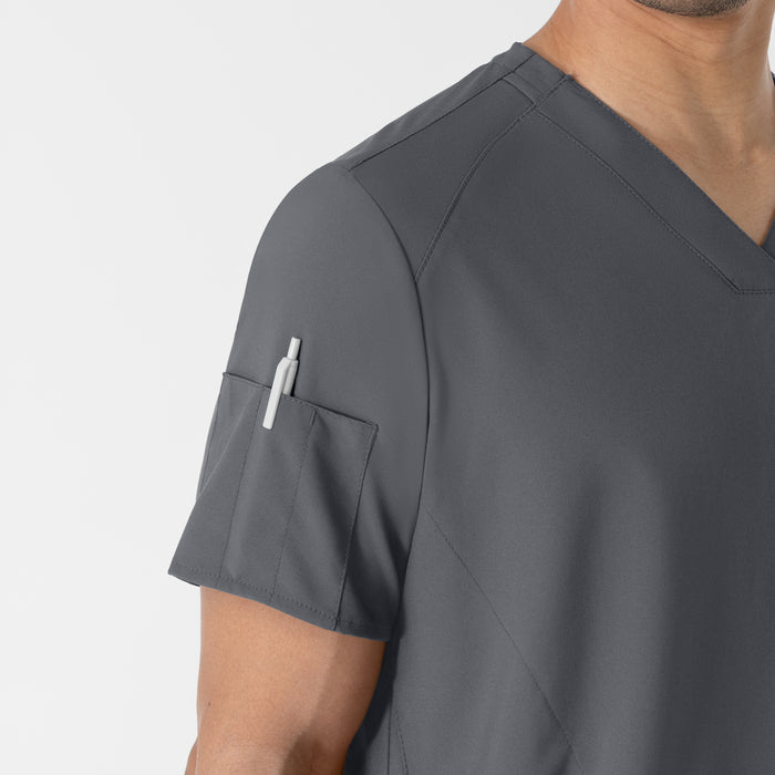 W123 Men's V-Neck Scrub Top Pewter hemline detail