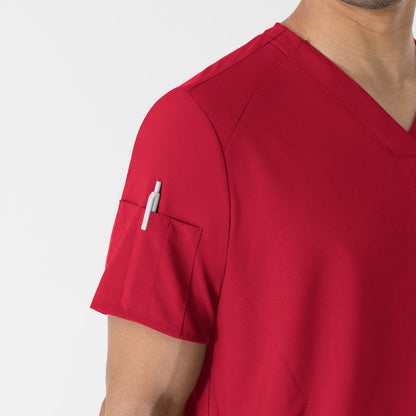 W123 Men's V-Neck Scrub Top Red hemline detail