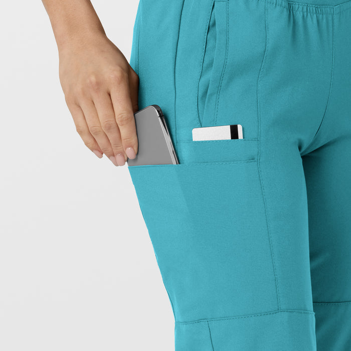 W123 Women's Comfort Waist Cargo Jogger Scrub Pant Teal Blue side detail 2