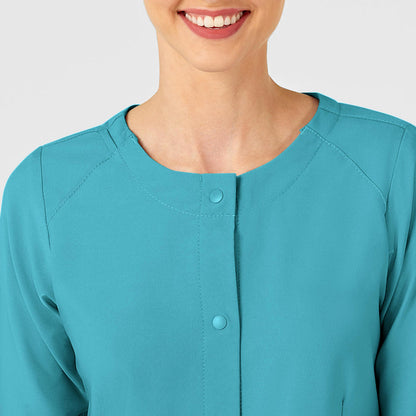 W123 Women's Crew Neck Warm Up Jacket Teal Blue front detail