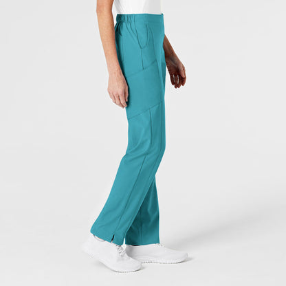 W123 Women's Flat Front Cargo Scrub Pant Teal Blue side view