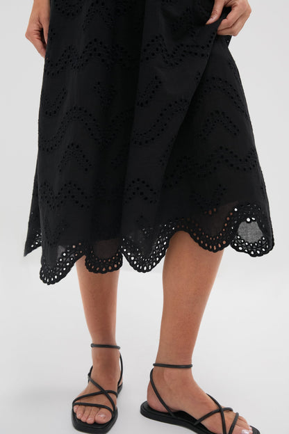 Black Eyelet Tie Front Sanibel Midi Dress