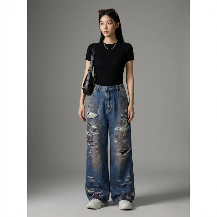 Jean droit délavé bleu femme, style streetwear coréen. Mode K-fashion casual. - Taille S