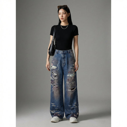 Jean droit délavé bleu femme, style streetwear coréen. Mode K-fashion casual. - Taille S